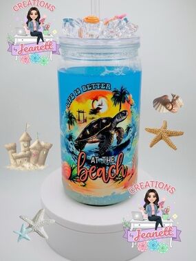 Beach Turtle Tumbler - Blue Tropical Graphic - Snow Globe Tumbler 16 oz.